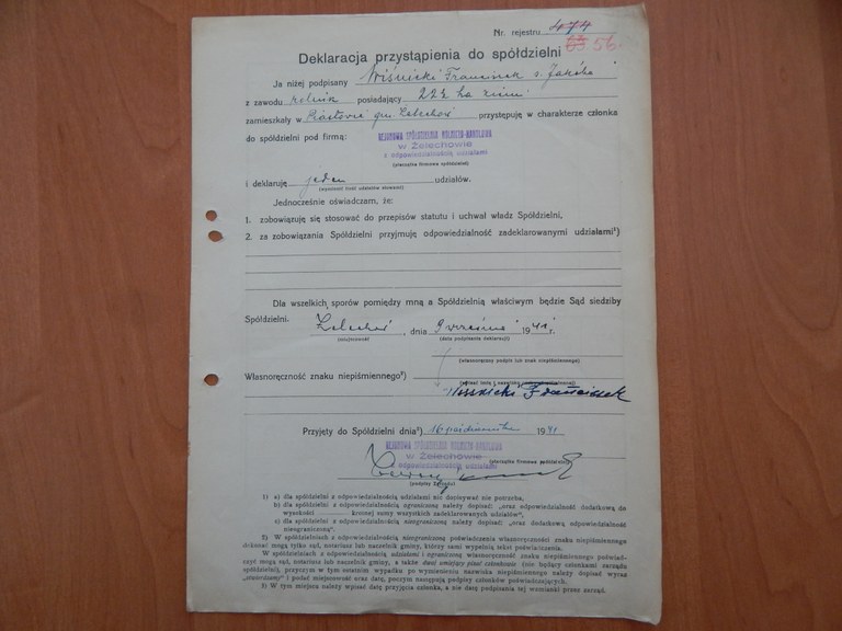 Deklaracja przystąpienia do Spółdzielni z 1941r.